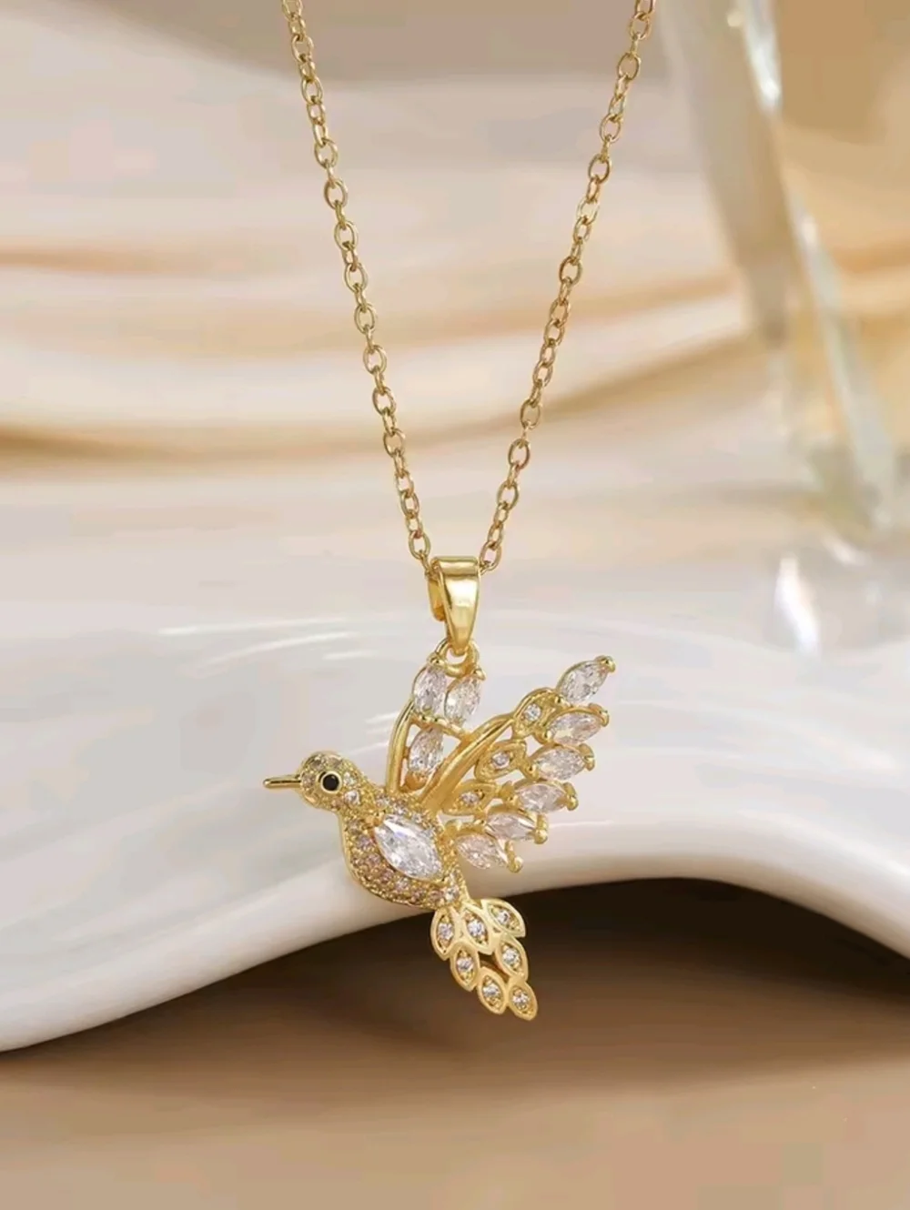 Golden Hummingbird Pendant Necklace Sparkling Marquise Crystal Bird Jewelry